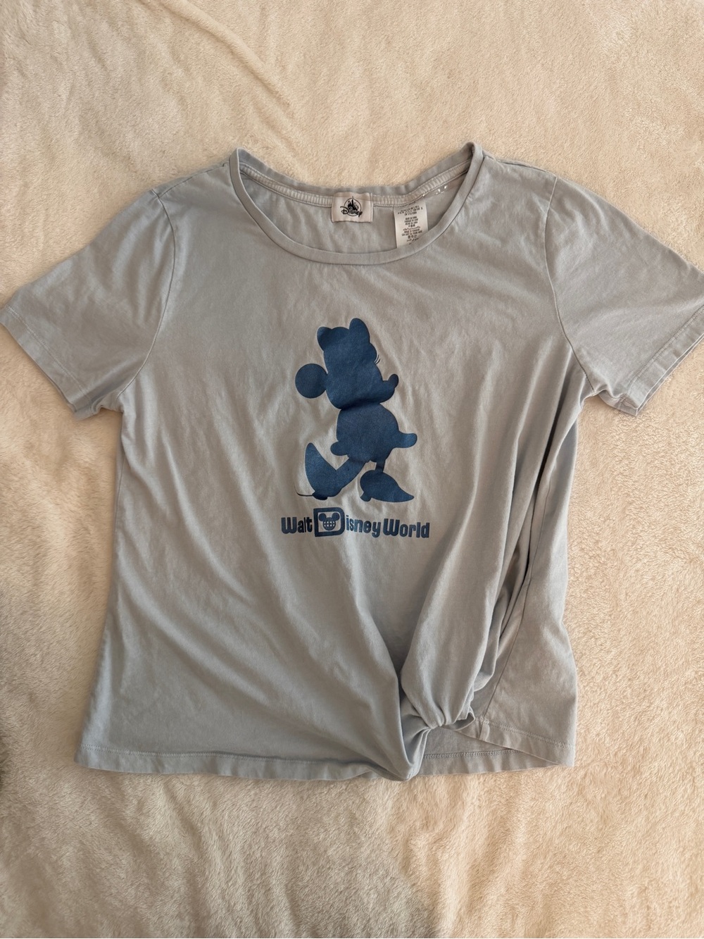 Disney Park Shiny Minnie Mouse Silhouette Light Blue Knotted front T Size Long